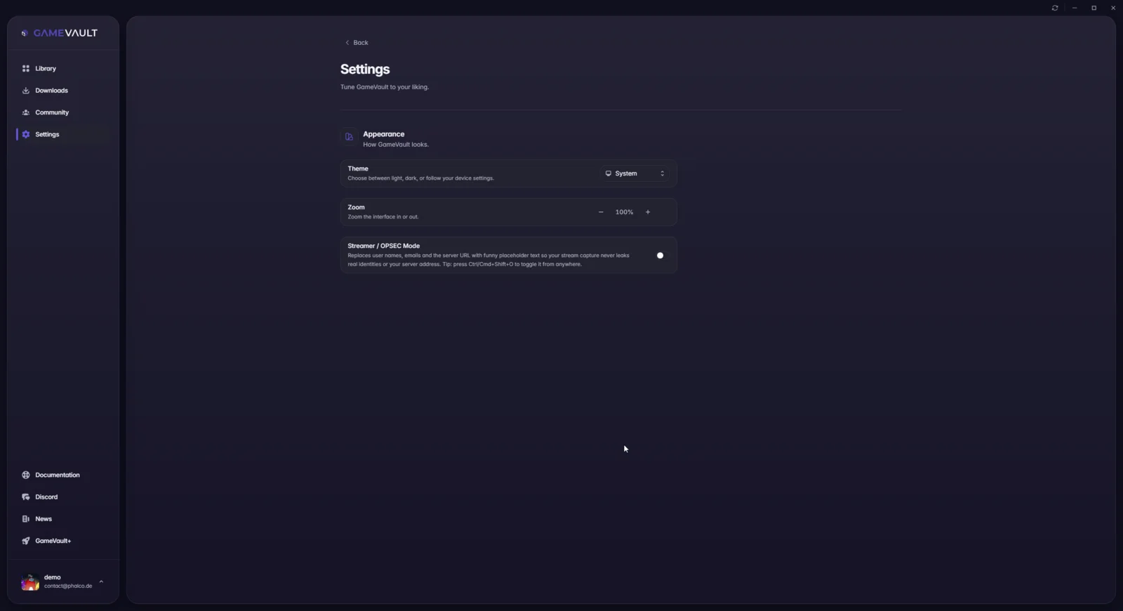 Appearance settings with the Streamer / OPSEC mode toggle