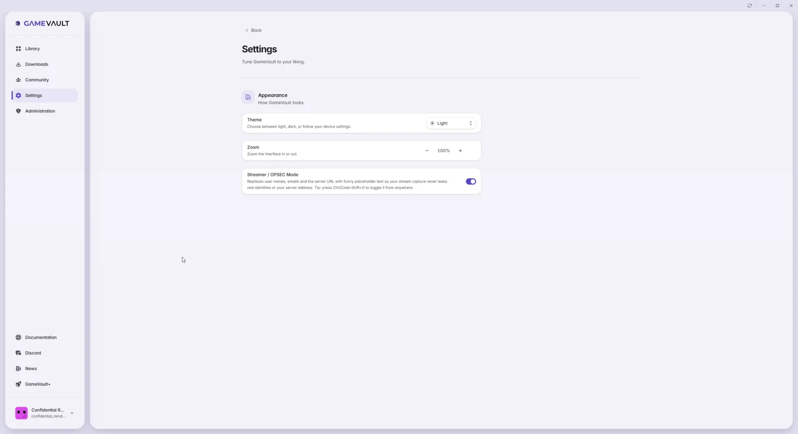 Appearance settings in the light theme
