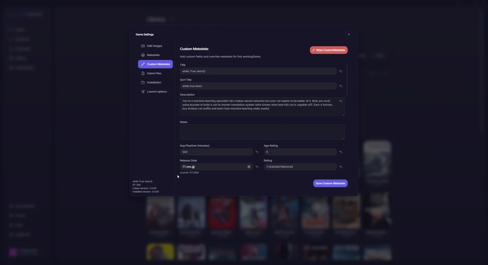 Custom metadata tab with fields for title, description and age rating