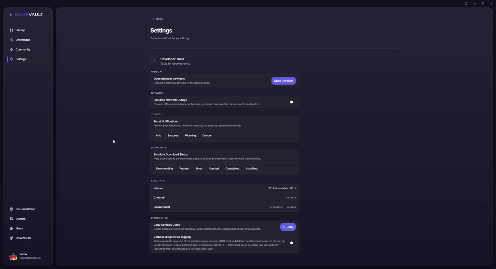 Developer tools with build info, simulated download states and the settings dump
