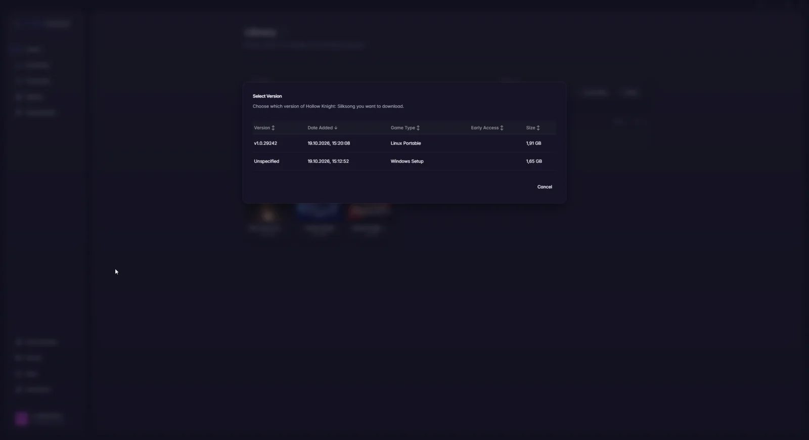 Version picker listing two versions with game type, early-access flag and size