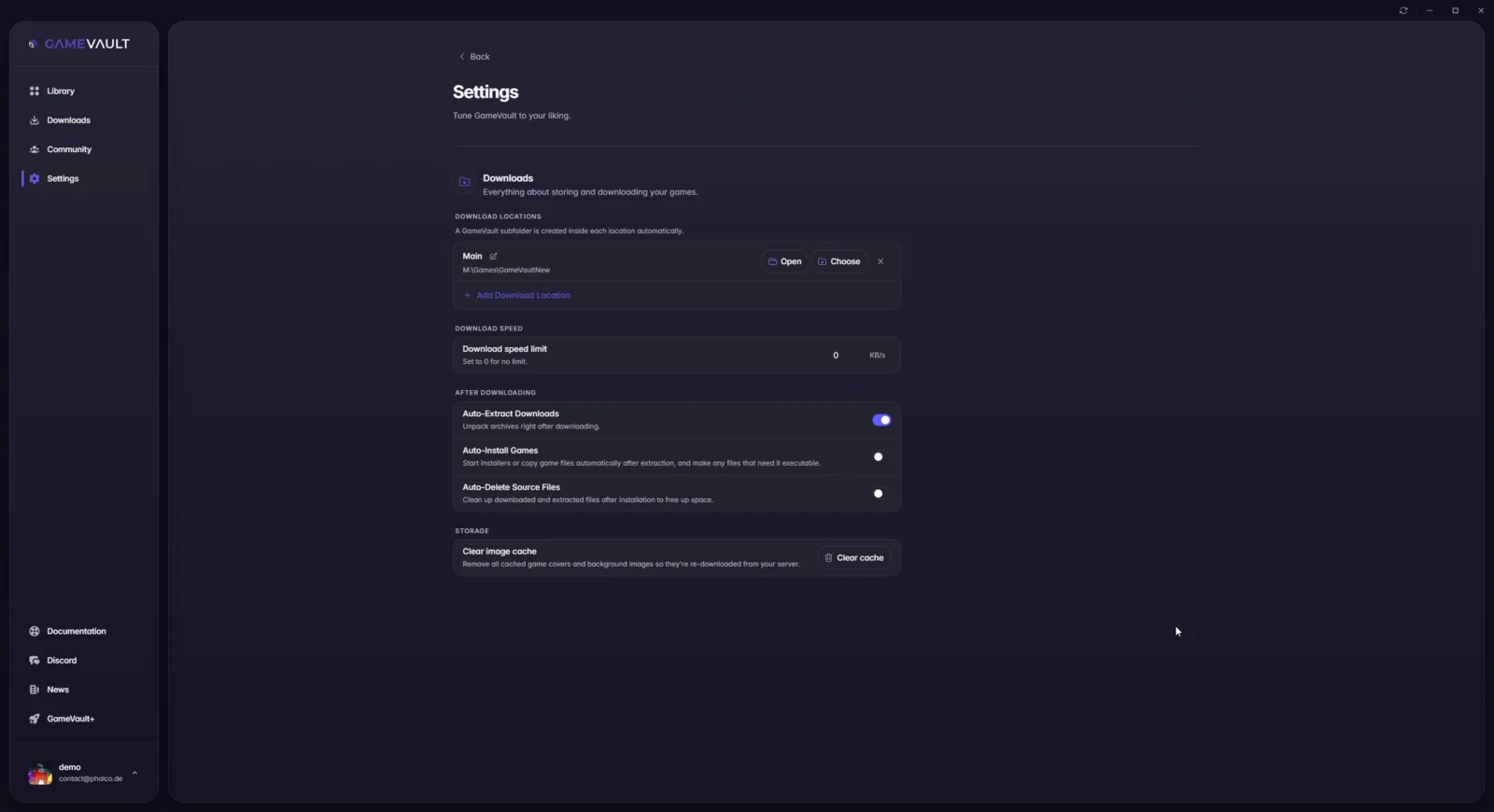 Downloads settings with the location list, speed limit and the after-download switches