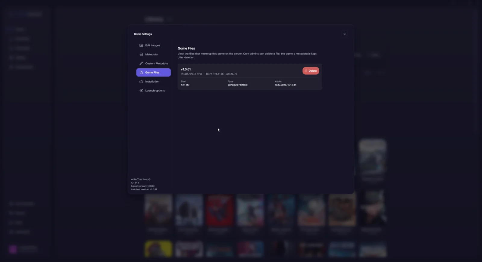 Game files tab listing the server file with its size, type and delete button