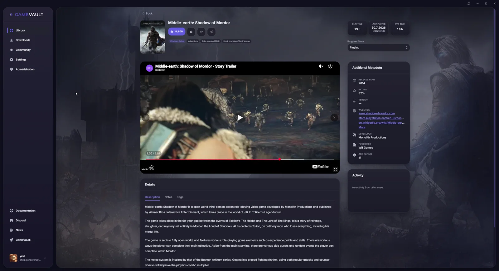Game page with trailer player, playtime statistics and metadata sidebar