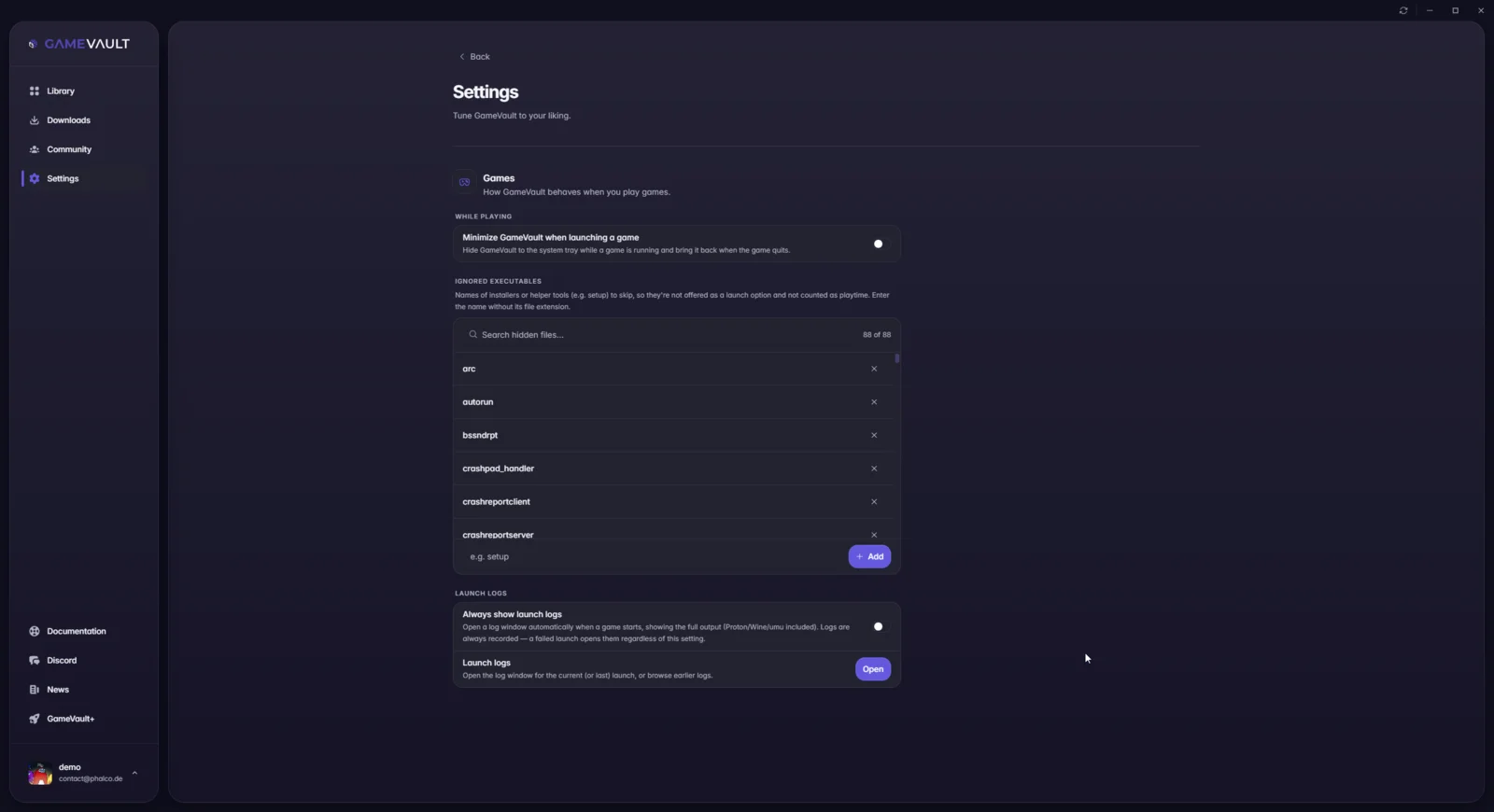 Games settings with the launch toggle, the ignored executables list and the launch log switch