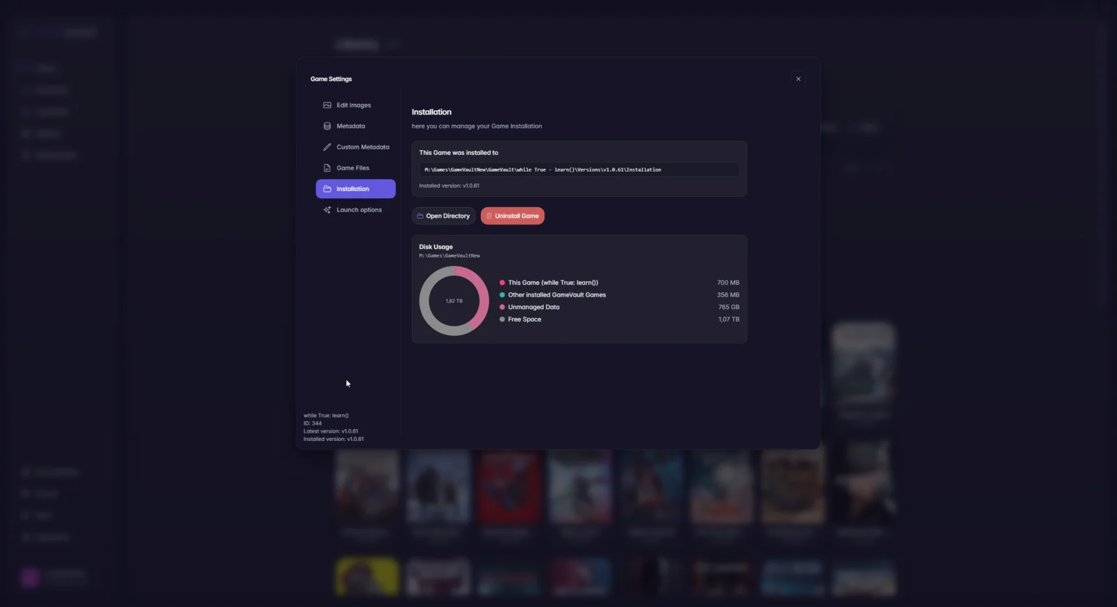 Installation tab with the install path, uninstall button and disk usage ring