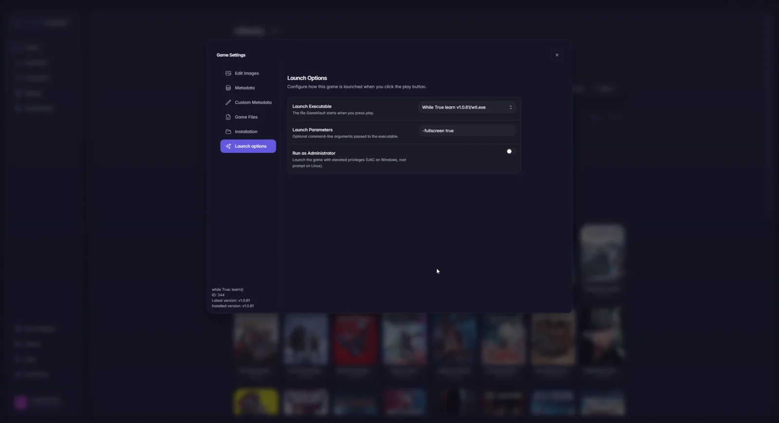 Launch options tab with executable picker, parameters field and administrator toggle