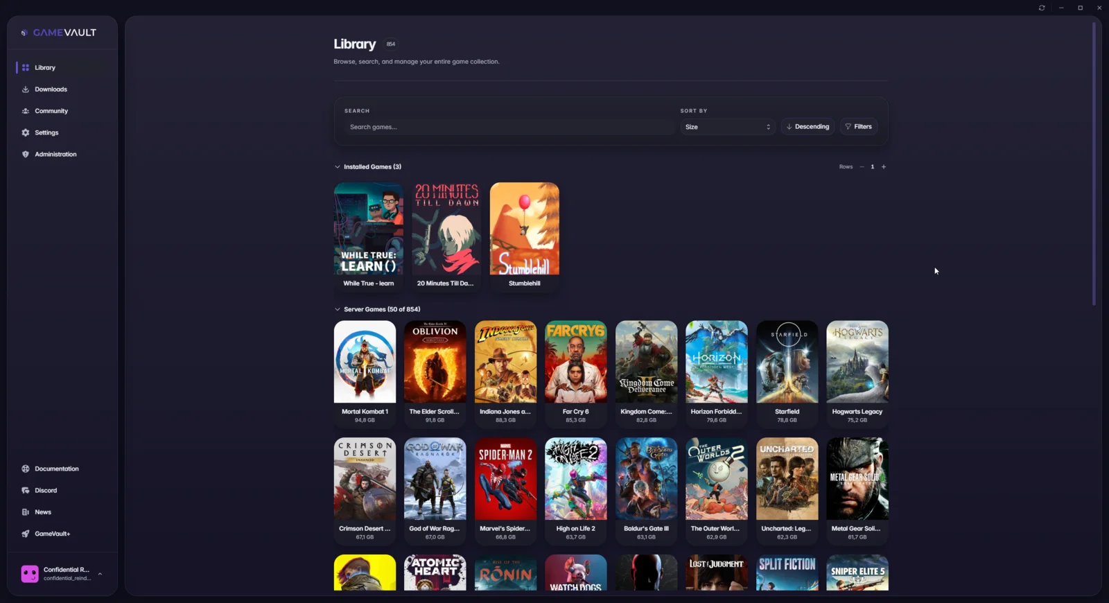 GameVault 2 library with three installed games above the server games
