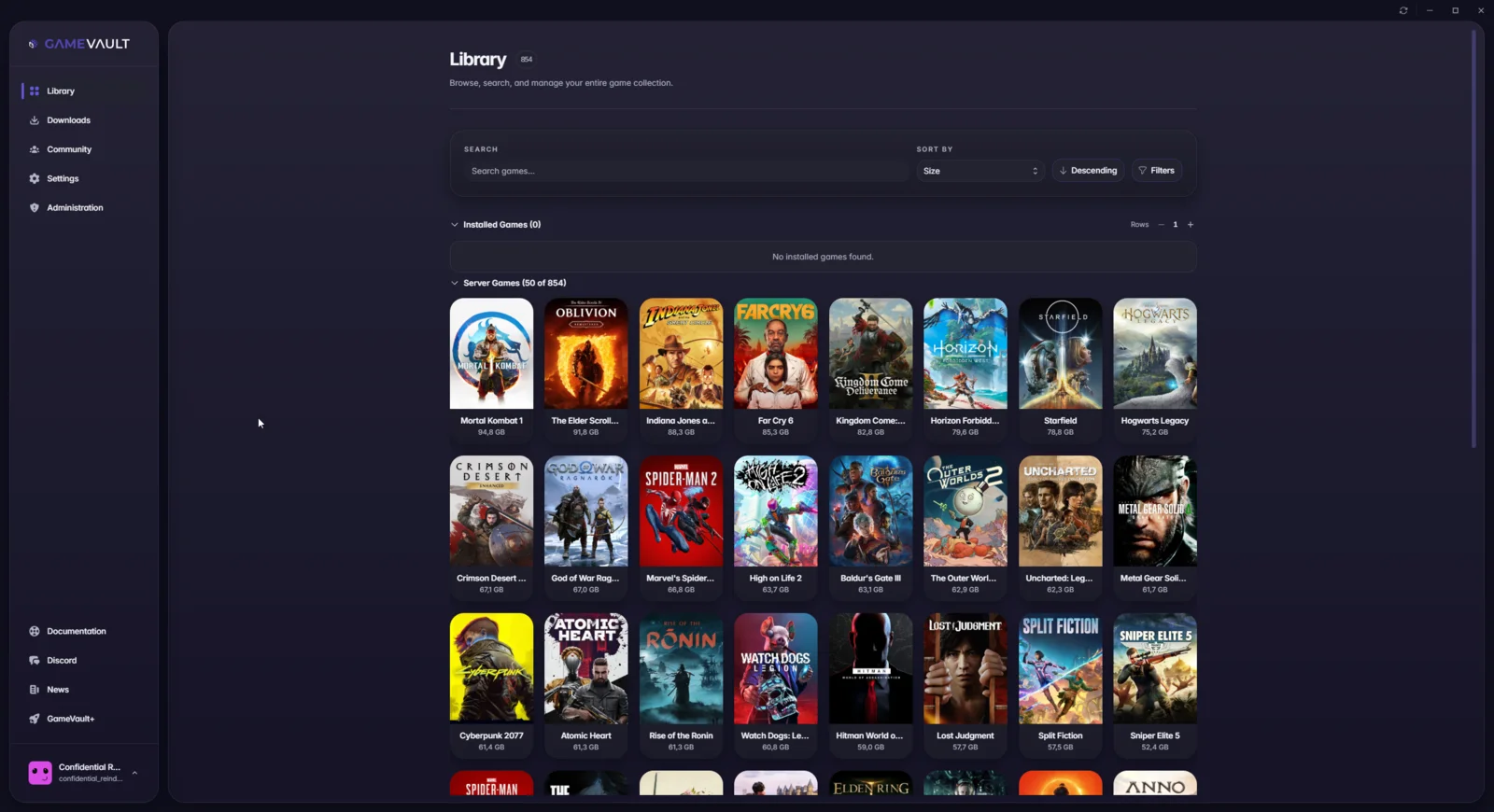GameVault 2 library after the first login, with no installed games yet