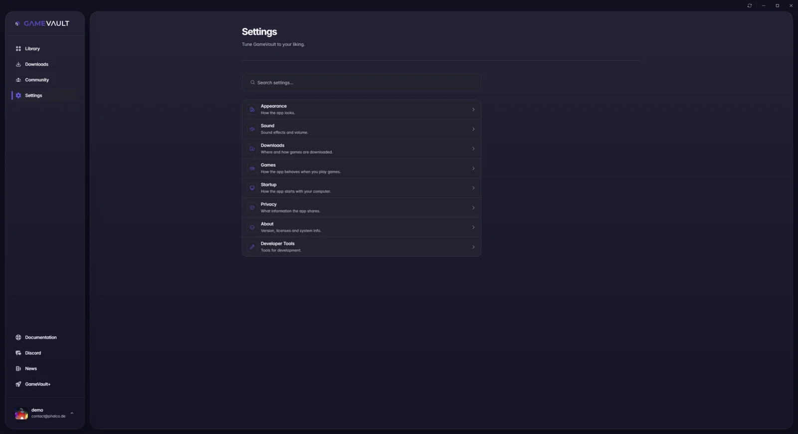 Settings overview listing appearance, sound, downloads, games, startup, privacy, about and developer tools