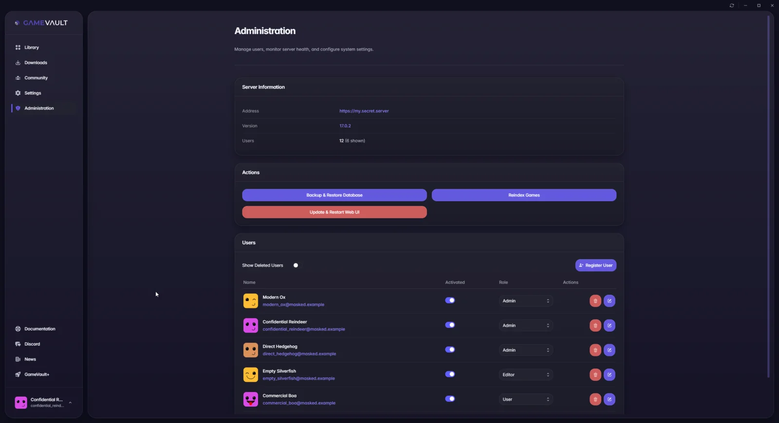 Administration page with server information, server actions and the user list