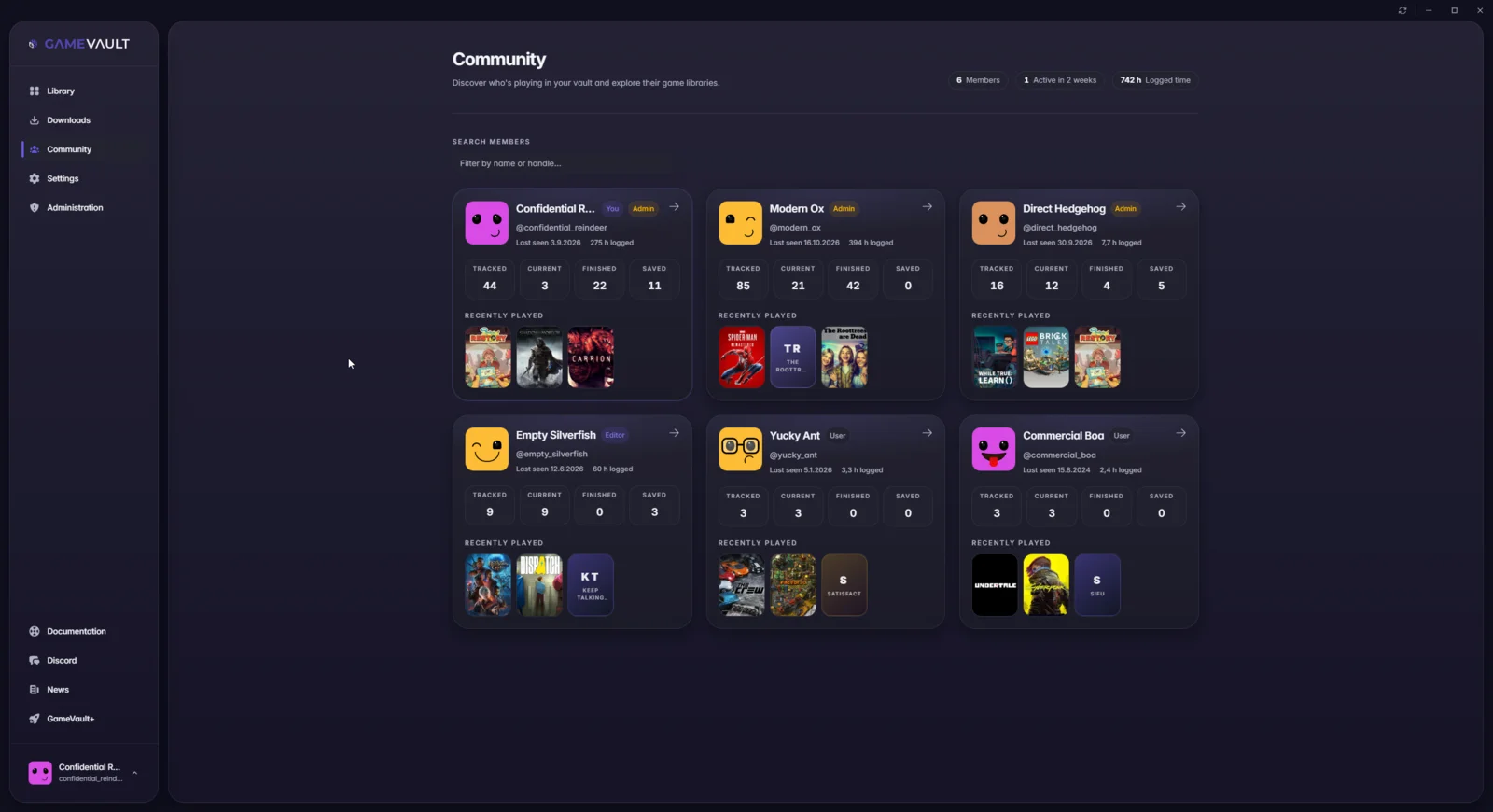 Community tab showing six members with progress counters and recently played games