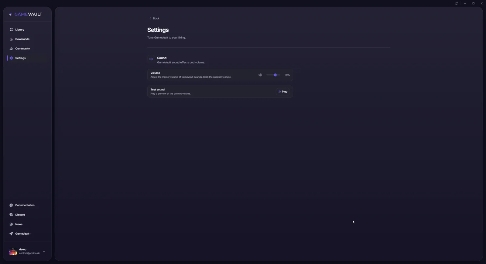 Sound settings with the volume slider at 70 percent and a test button