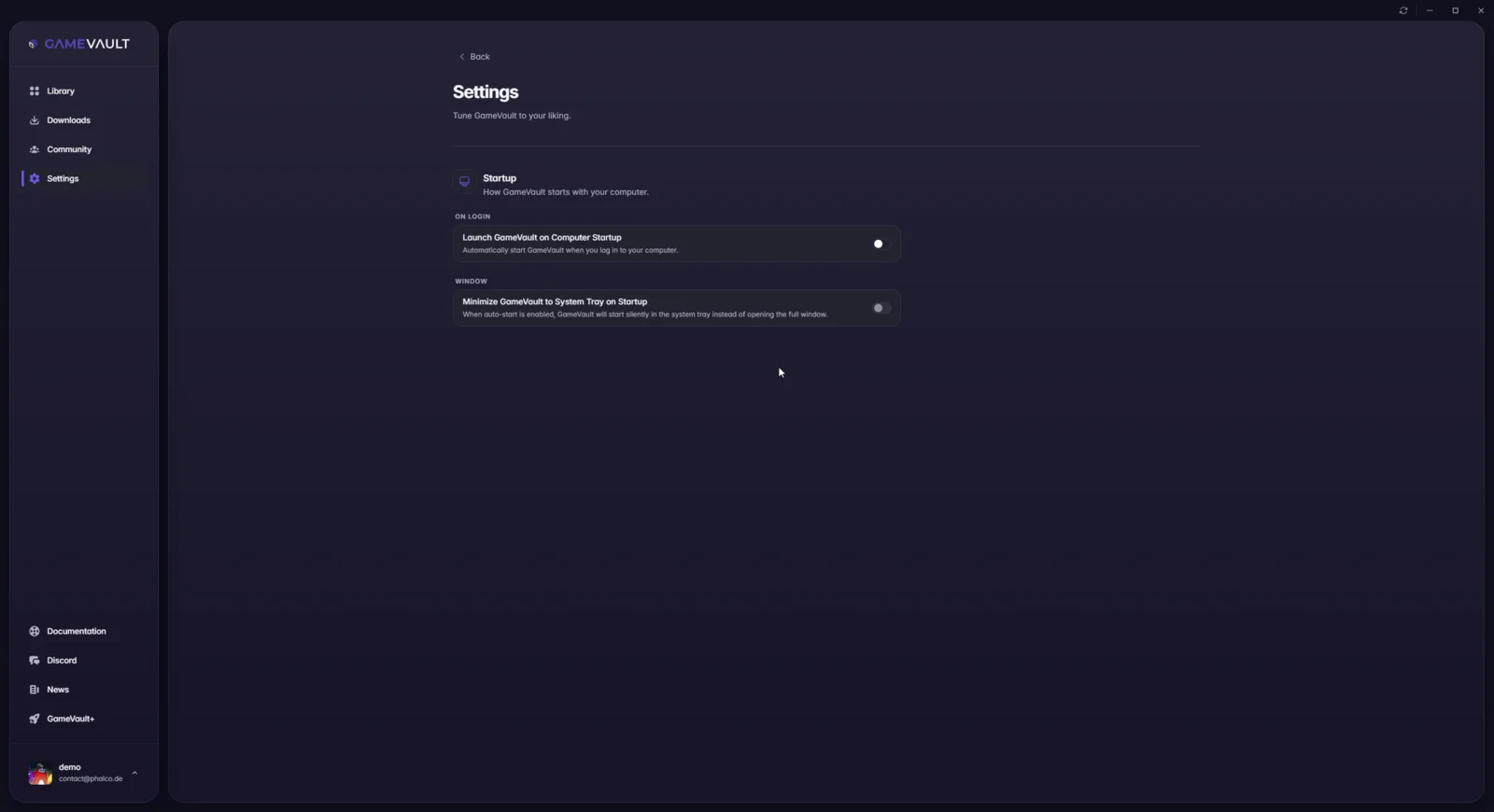 Startup settings with the two toggles for autostart and tray mode