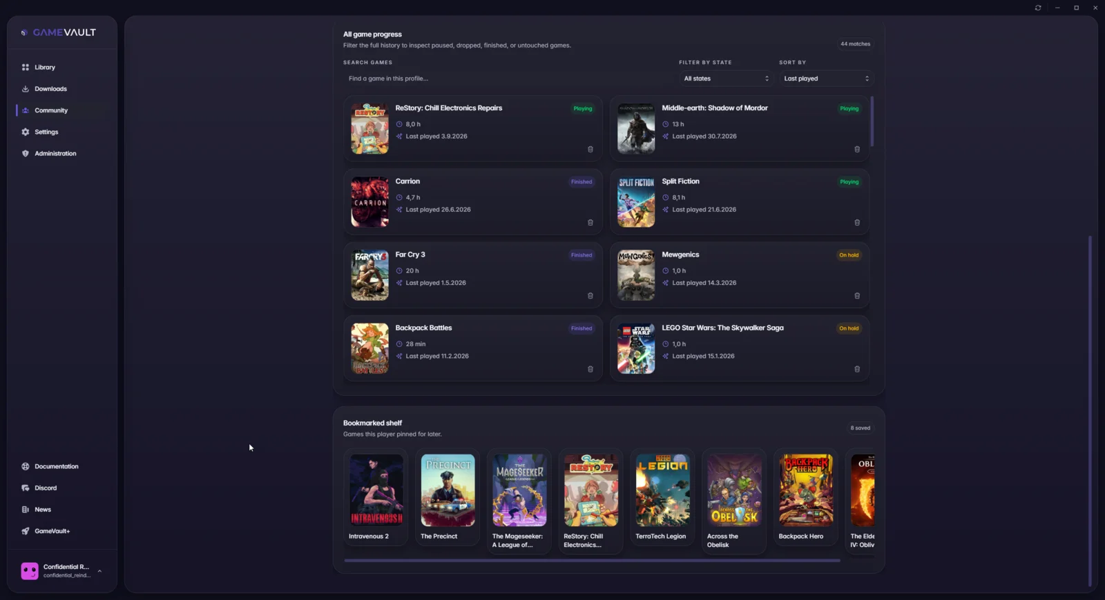 Profile page with the full progress list and the bookmarked shelf