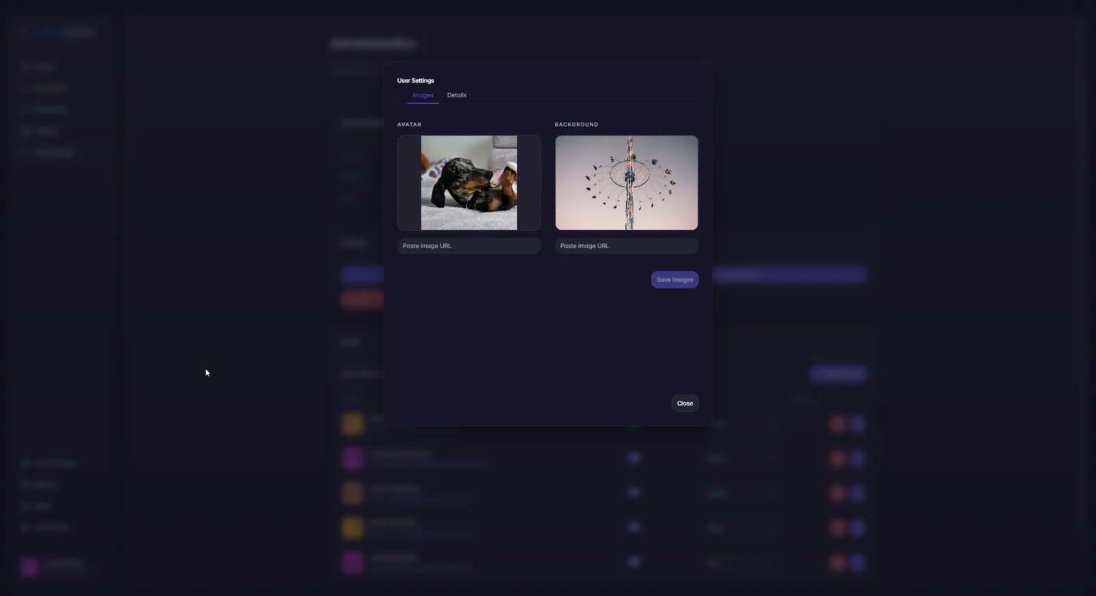User settings, images tab with avatar and background
