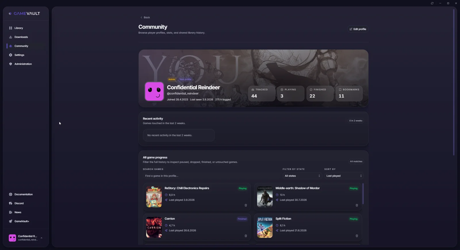 User profile with tracked, playing, finished and bookmark counters