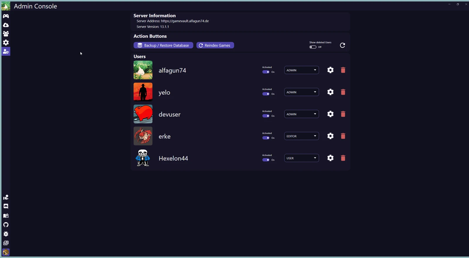 GameVault 1 admin tab