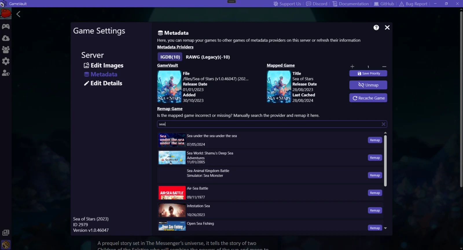 GameVault 1 metadata settings