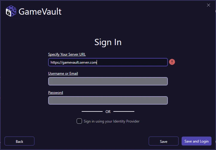Sign-in form with server URL, username and password
