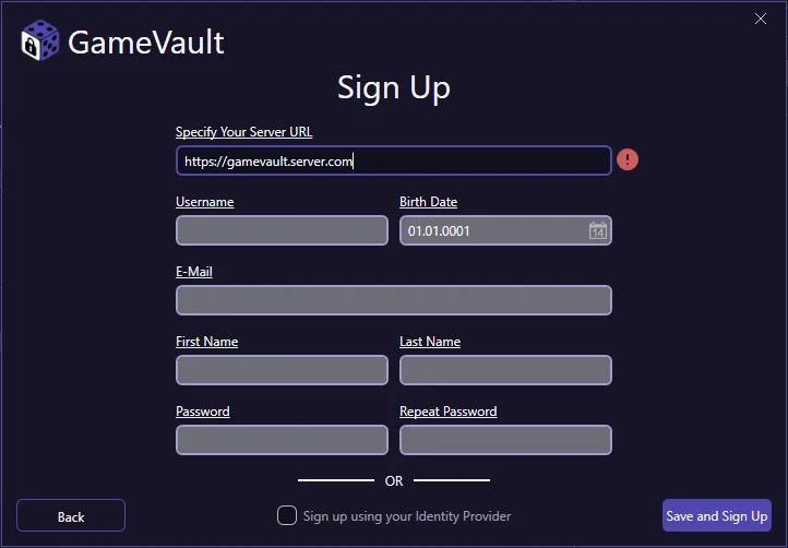 Sign-up form for a new server account
